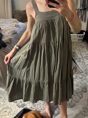 Smocked Square-Neck Midi Dress in Olive